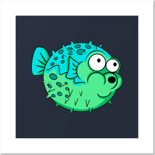 blue and green puffer fish with big eyes porcupine Posters and Art